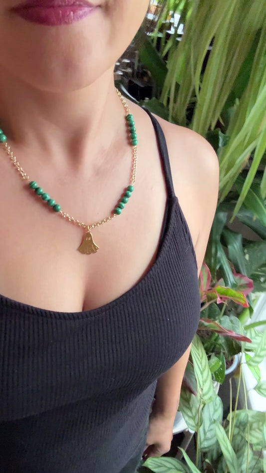 A Grade Natural Malachite Bead with Ghost Pendant Necklace